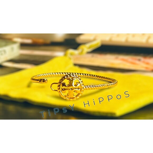 Tory Burch Gold Tone Logo Bracelet With Textured Band & Iconic Emblem - Picture 2 of 9